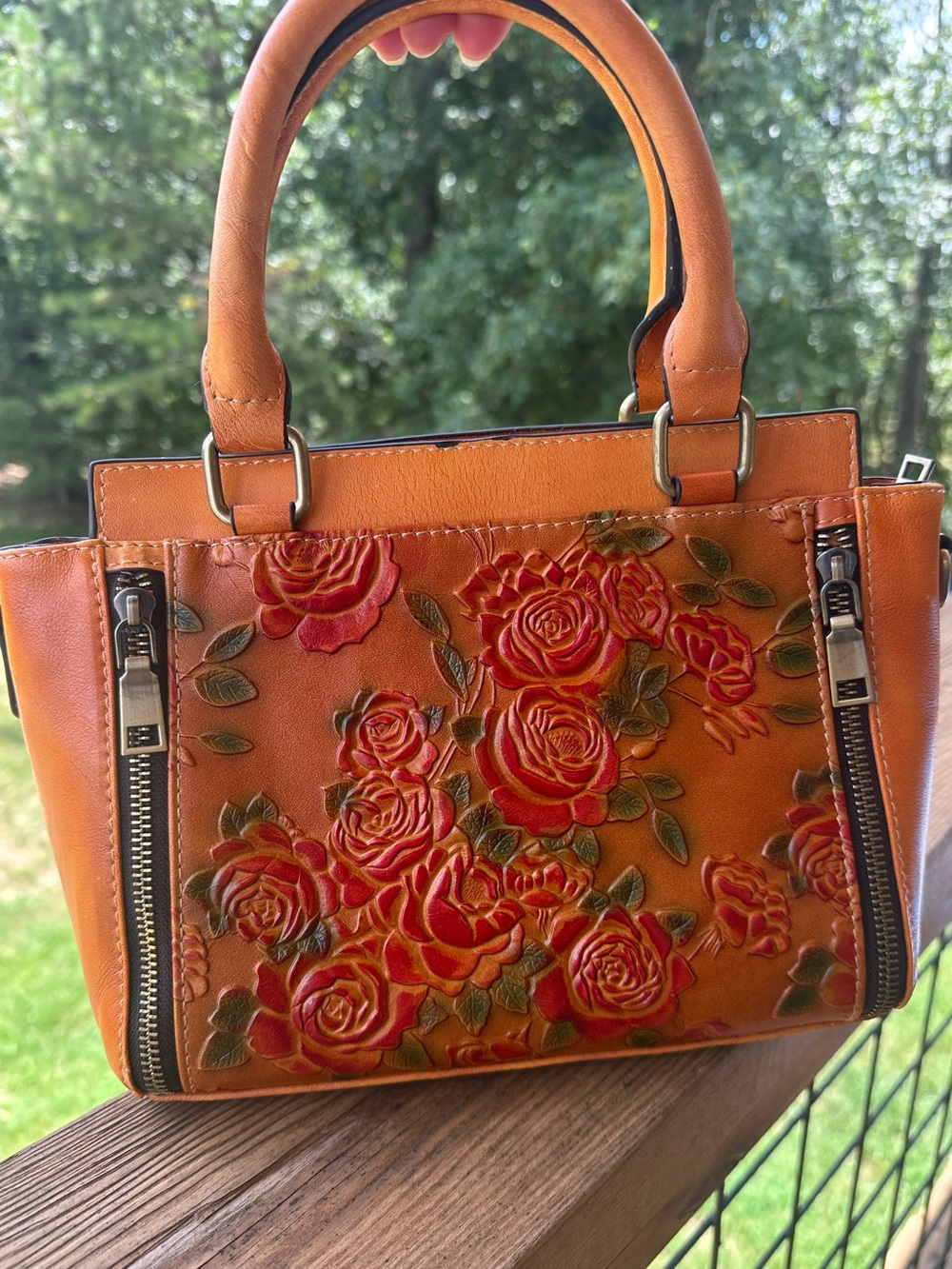 Women's Orange Floral Embossed Leather Satchel